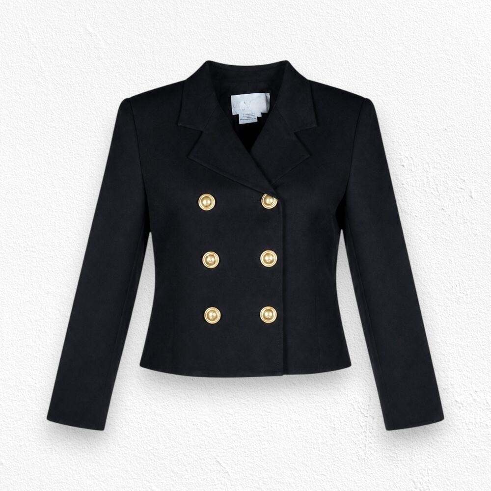 Vintage 1980s Oleg Cassini Black Cropped Blazer Gold Button Deadstock Size 8P